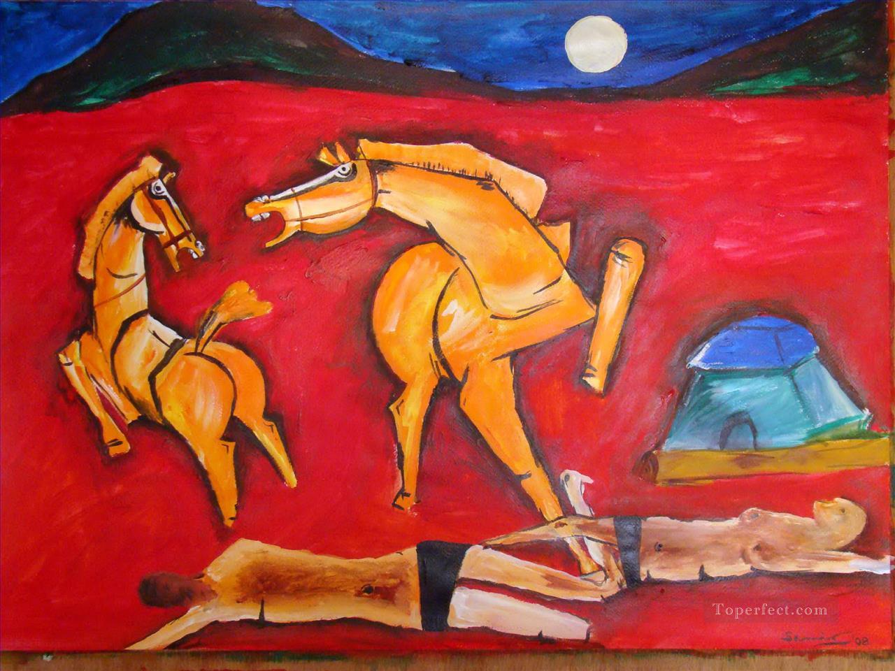 MF Hussain Horses 3 Indian Oil Paintings